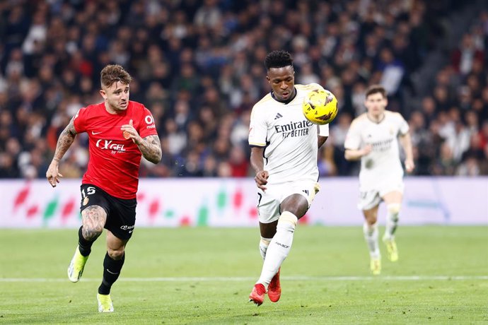 Vinicius Junior of Real Madrid in action during the Spanish League, LaLiga EA Sports, football match played between Real Madrid and RCD Mallorca at Santiago Bernabeu stadium on January 03, 2024, in Madrid, Spain.