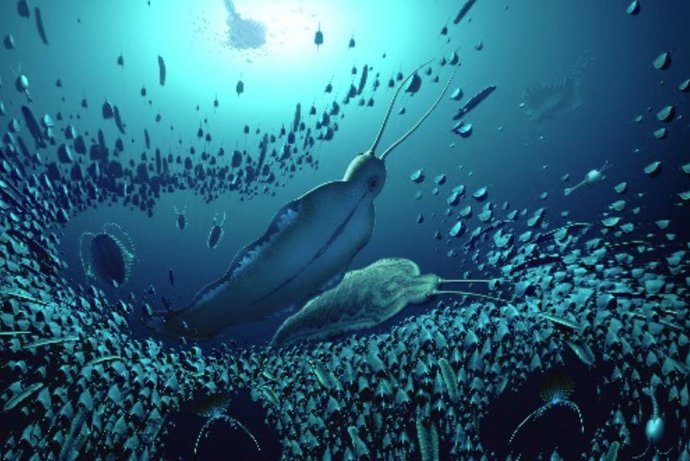 Una reconstrucción del ecosistema pelágico y de los organismos fosilizados en Sirius Passet, que revela cómo Timorebestia fue uno de los mayores depredadores de la columna de agua hace más de 518 millones de años.