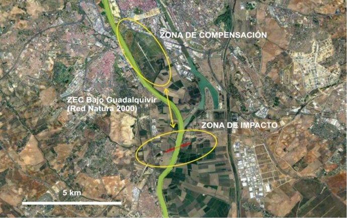 Plano con las zonas de compensación y de principal afectación relacionadas con el anteproyecto del puente de la SE-40.