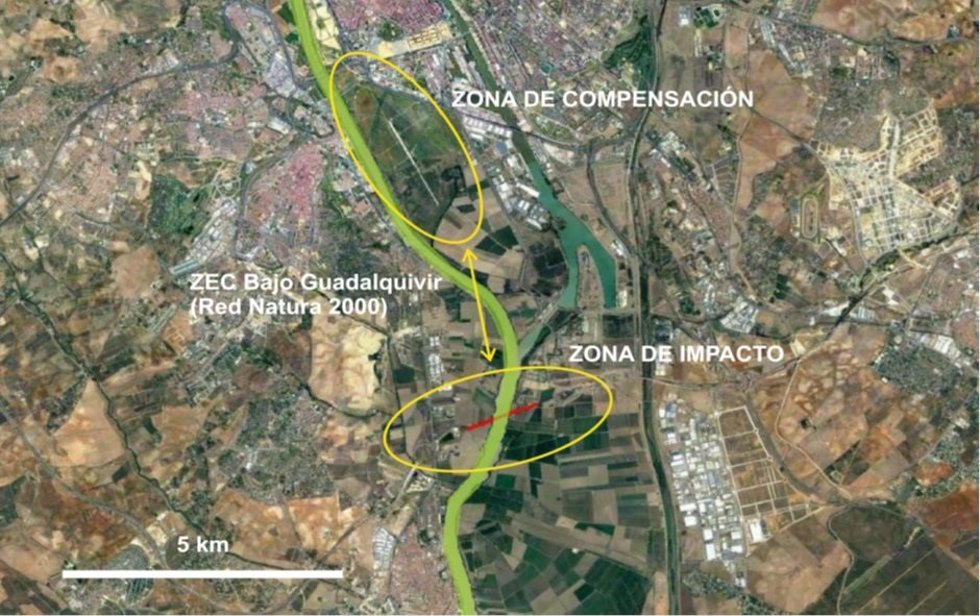 Plano con las zonas de compensación y de principal afectación relacionadas con el anteproyecto del puente de la SE-40.