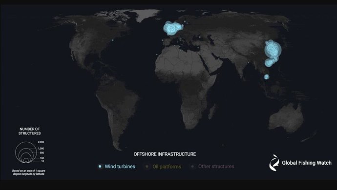 Se analizaron dos millones de gigabytes de imágenes satelitales de 2017-2021 para detectar infraestructuras marinas en aguas costeras de seis continentes donde se concentra más de las tres cuartas partes de la actividad industrial.