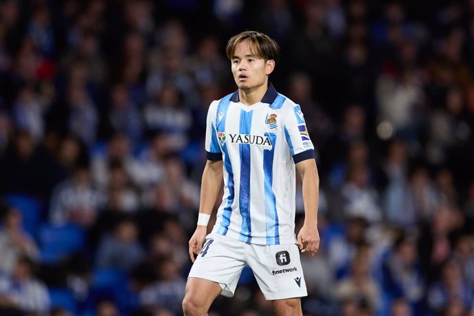 Takefusa Kubo of Real Sociedad looks on during the LaLiga EA Sports match between Real Sociedad and Deportivo Alaves at Reale Arena on January 2, 2024, in San Sebastian, Spain.