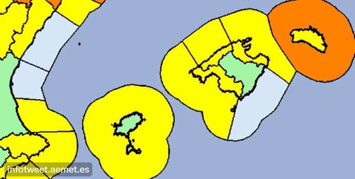 Mapa de alertas de la Aemet en Baleares, a 4 de enero de 2024.