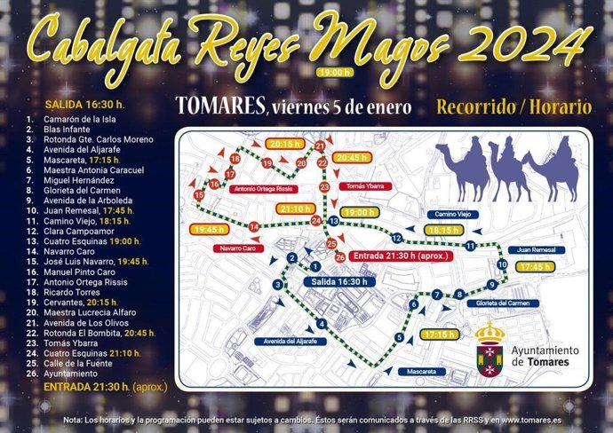 Recorrido de la cabalgata de los Reyes Magos en Tomares (Sevilla).
