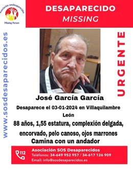 José García García, de 88 años y con problemas de movilidad, desapareció ayer en Villaquilambre (León)
