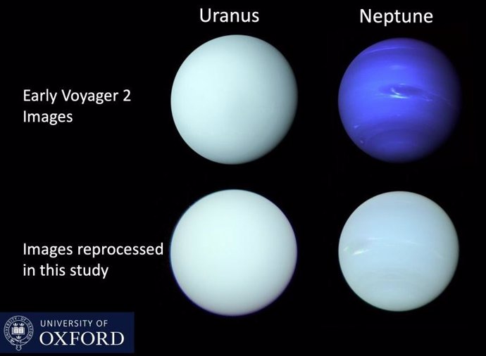Imágenes de Urano y Neptuno de la Voyager 2/ISS publicadas poco después de los sobrevuelos de la Voyager 2 en 1986 y 1989, respectivamente, en comparación con un reprocesamiento de las imágenes de filtro individuales en este estudio.