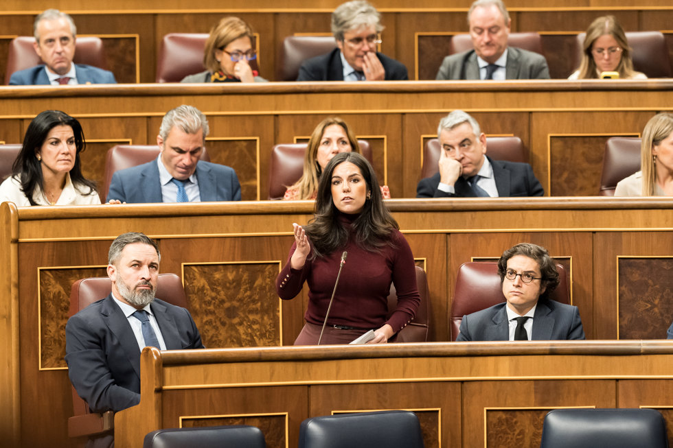 (I-D) El líder de Vox, Santiago Abascal; la portavoz de VOX en el Congreso, Pepa Millán y el secretario general de VOX, José María Figaredo, durante un pleno en el Congreso 