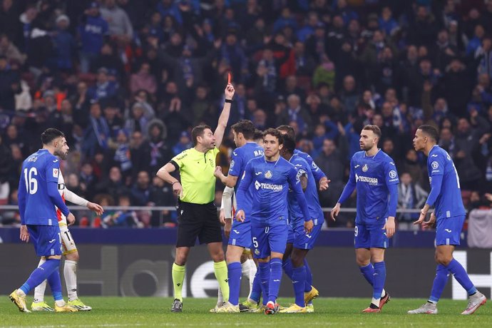 Mason Greenwood of Getafe CF see the red card during the Spanish League, LaLiga EA Sports, football match played between Getafe CF and Rayo Vallecano at Civitas Metropolitano stadium on January 02, 2024, in Madrid, Spain.