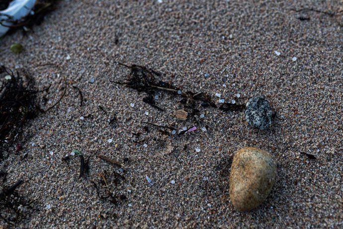 Un agente de la Policía Local y una guarda costas hacen una recogida de pellets de la arena, en la Illa de Arousa, a 4 de enero de 2024, en Pontevedra, Galicia (España).Grandes cantidades de pellets de plásticos llevan apareciendo, desde el 13 de diciem