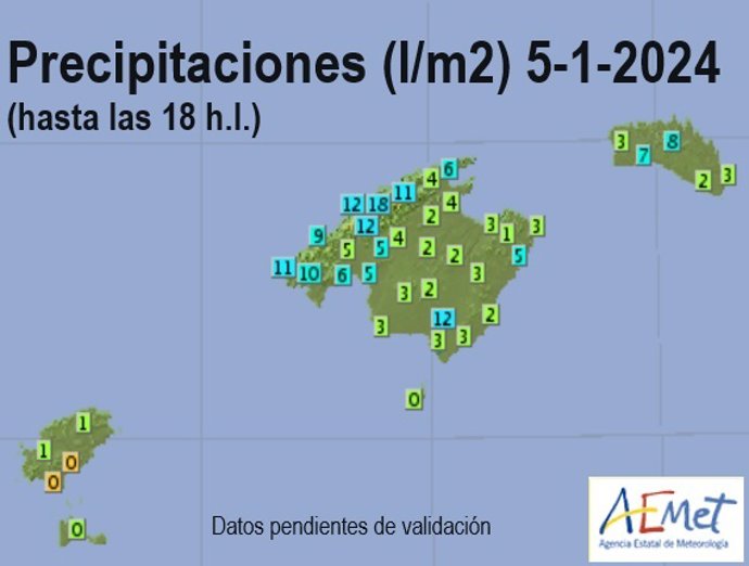 Mapa de precipitaciones en Baleares, a 5 de enero de 2024.