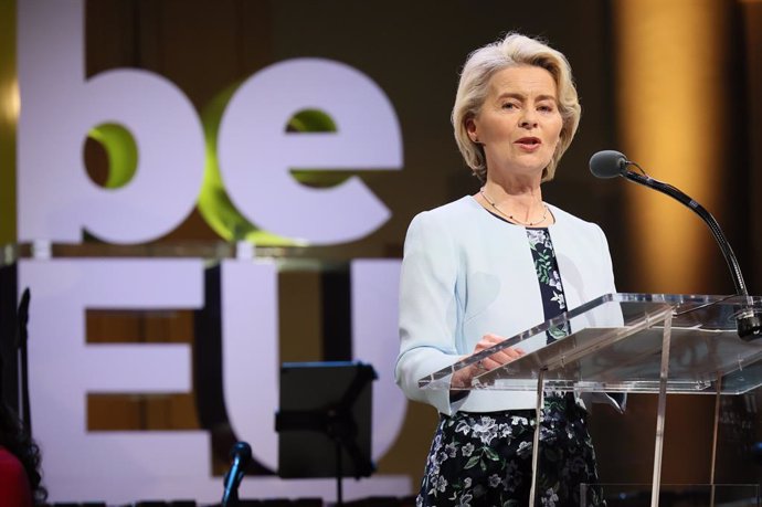 European Commission president Ursula Von der Leyen delivers a speech at the opening event of the Belgian Presidency of the Council of the European Union in honor of the King and Queen, in Bozar, Friday 05 January 2024. Organized by the Chancellery of the 