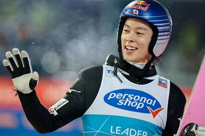 06 January 2024, Austria, Bischofshofen: Japanese ski jumper Ryoyu Kobayashi reacts in the finish area of the men's first round of the Four-Hills tournament as part of the FIS Ski Jumping World Cup. Photo: Daniel Karmann/dpa