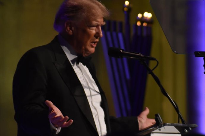 December 9, 2023, Manhattan, New York, United States: Former US President Donald J. Trump speaks about the indictments he is facing to the audience at the event in New York City. Former President of the United States Donald J. Trump is delivering remark