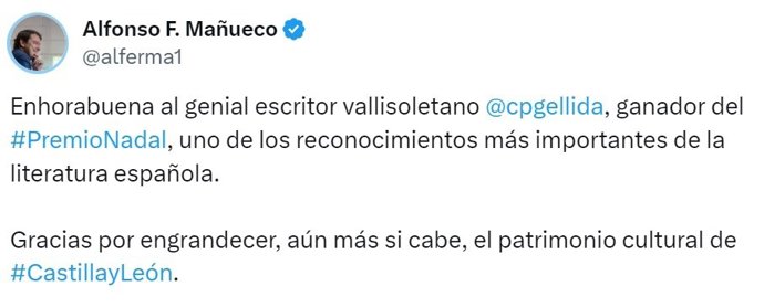 Mensaje del presidente de la Junta, Alfonso Fernández Mañueco, sobre el escritor vallisoletano César Pérez Gellida