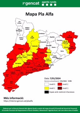 Mapa amb les comarques a Catalunya amb el nivell 2 del Pla Alfa actiu