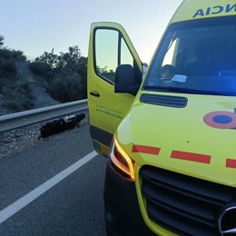 El vehículo del 061 en el lugar de los hechos junto a la motocicleta siniestrada bajo el quitamiedos de la carretera N-340.