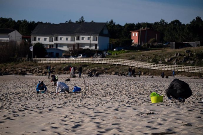 Voluntarios hacen una recogida de pellets de la arena, Galicia, a 7 de enero de 2024, en A Coruña, Galicia (España). Grandes cantidades de pellets de plásticos llevan apareciendo, desde el 13 de diciembre en las Rías Baixas y en la ría de Muros de Noia en