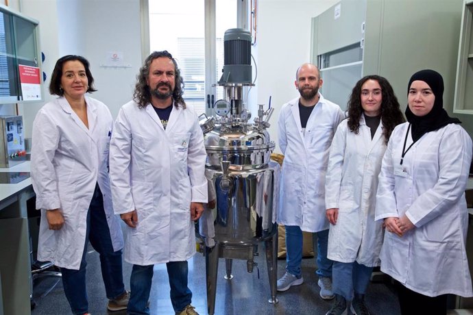 Equipo de trabajo de la UA en una planta piloto para eliminar todo tipo de contaminantes en plástico reciclado. Los investigadores Julia Moltó, Andrés Fullana, Ignacio Aracil, Inés Oliver e Imene Berkane.