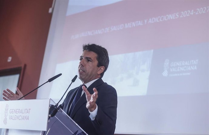 El 'president' de la Generalitat, Carlos Mazón, interviene durante la presentación del Plan Valenciano para la Salud Mental y las Adicciones 2024-2027