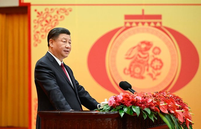 BEIJING, Jan. 5, 2024  -- Chinese President Xi Jinping, also general secretary of the Communist Party of China (CPC) Central Committee and chairman of the Central Military Commission, delivers a speech at a Spring Festival reception at the Great Hall of