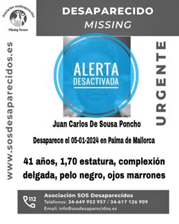 Cartel con la alerta desactivada del hombre desaparecido en Palma.