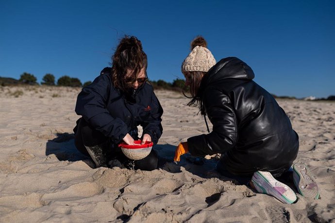 Voluntarios hacen una recogida de pellets de la arena, Galicia, a 7 de enero de 2024, en A Coruña
