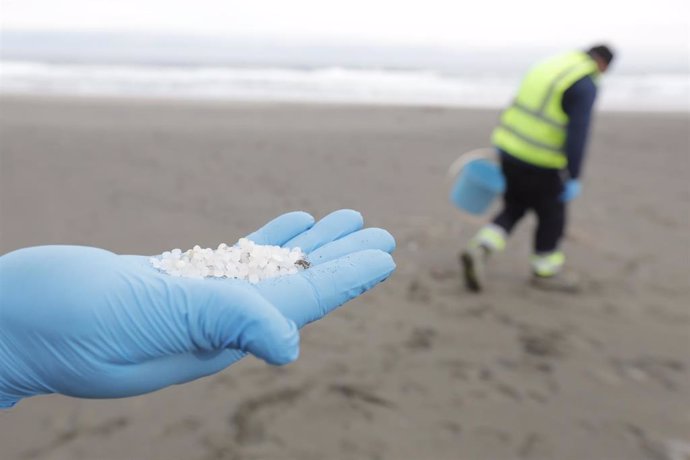 Archivo - Un operario de TRAGSA coge con la mano pellets de plástico, en la playa Otur, a 9 de enero de 2024, en Valdés, Asturias (España). El Principado de Asturias ha activado el nivel dos de emergencia por el vertido de pellets de plástico en las playa