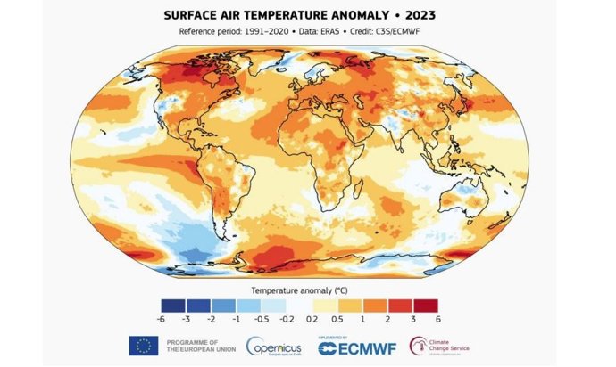 Anomalía de la temperatura del aire en superficie para 2023 con respecto al promedio del período de referencia 1991-2020.