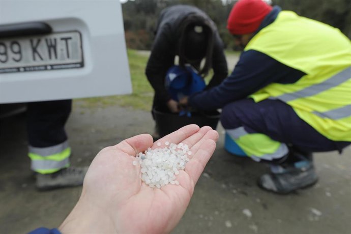 Archivo - Un operario de TRAGSA coge con la mano pellets de plástico, en la playa Otur, a 9 de enero de 2024, en Valdés, Asturias (España). 