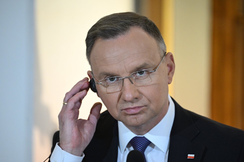 22 November 2023, Czech Republic, Prague: Polish President Andrzej Duda attends a press conference during the V4 President's Summit. Photo: Kamaryt Michal/CTK/dpa