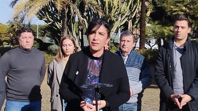 La coordinadora provincial de IU en Málaga, Toni Morillas, en rueda de prensa en Marbella.