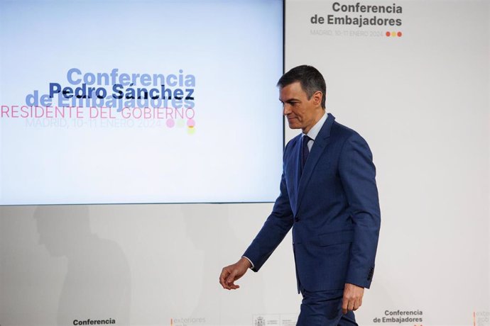 El presidente del Gobierno, Pedro Sánchez, durante la VIII Conferencia de Embajadores, en la sede del Ministerio de Asuntos Exteriores