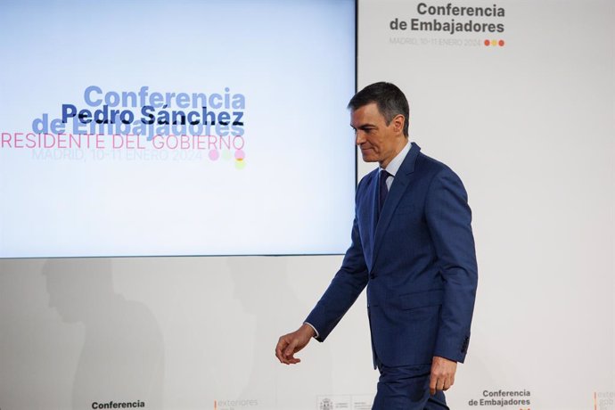 El presidente del Gobierno, Pedro Sánchez, durante la VIII Conferencia de Embajadores, en la sede del Ministerio de Asuntos Exteriores