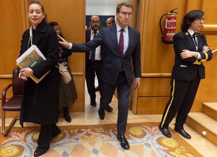 El líder del PP, Alberto Núñez Feijóo, a su llegada a un pleno del Congreso de los Diputados, en el Palacio del Senado, a 10 de enero de 2024, en Madrid (España). El Pleno del Congreso, en su primera reunión del año, debate y vota los objetivos de estab