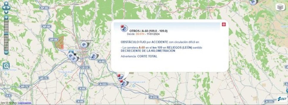 Gráfico elaborado por la DGT con datos sobre el accidente en la A-60 que ha provocado el corte total de la vía en Reliegos