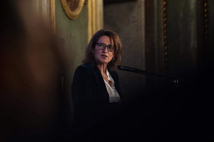 La vicepresidenta Tercera del Gobierno y Ministra para la Transición Ecológica y el Reto Demográfico, Teresa Ribera, interviene durante un desayuno informativo de Fórum Europa, en el Real Casino Gran Círculo de Madrid, a 11 de enero de 2024 en Madrid (E
