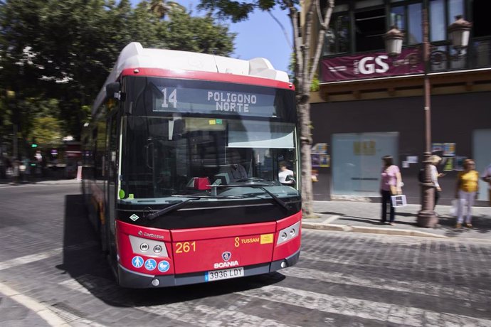 Archivo - Un autobús de Tussam circula por la plaza de la Camapana, a 21 de junio de 2022 en Sevilla (Andalucía, España)