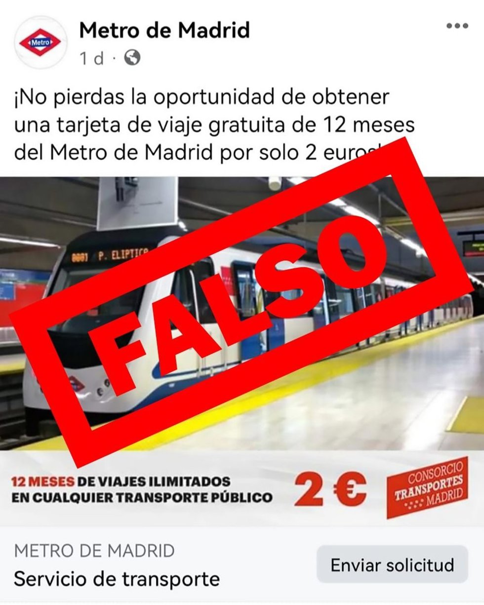 Metro de Madrid advierte de una estafa en la que se ofrece un bono de 12 meses de viajes gratis por 2 euros