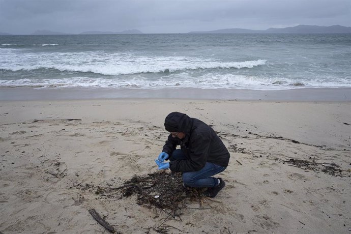 Un voluntario recoge pellets en la playa de Samil, a 10 de enero de 2024, en Vigo, Pontevedra, Galicia (España). Voluntarios se han organizado para limpiar algunas playas de las provincias de A Coruña y Pontevedra a las que ha llegado el vertido de los pe