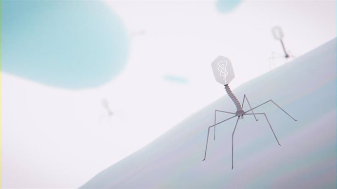 Recreación de un fago infectando una bacteria.