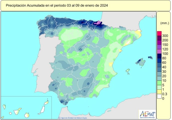 Las lluvias acumuladas en España en el año hidrológico hasta el 9 de enero se sitúan un 6% por debajo de su valor normal