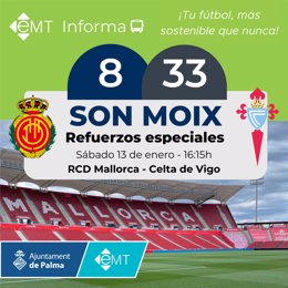 La EMT Palma refuerza este sábado sus servicios para el partido de fútbol entre el RCD Mallorca y el Celta de Vigo