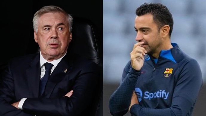 Los técnicos Carlo Ancelotti (Real Madrid) y Xavi Hernández (FC Barcelona).