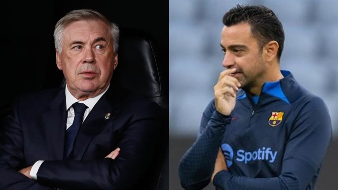 Los técnicos Carlo Ancelotti (Real Madrid) y Xavi Hernández (FC Barcelona).