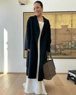 Comedian and actress Ali Wong dons a LILYSILK Double-faced Wool-blend Robe Coat before her appearance at the 81st Golden Globes Awards