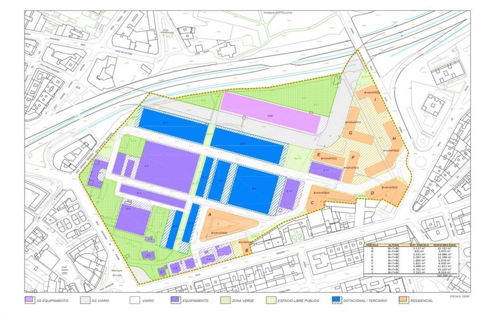 Plano de zonificación de usos resultante del plan de actuación para los terrenos de la Fábrica de Armas de La Vega, en Oviedo.