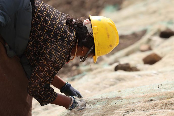 Archivo - CHENGDU, Sept. 12, 2023  -- A worker lays a blanket made from coconut shells on a slope at an abandoned mine restoration site in Duoma Village, Dazhasi Town in Ruoergai County, southwest China's Sichuan Province, Aug. 23, 2023. Grass sprouts f