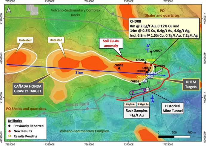 Figure 1 - Cañada Honda gravity anomaly map showing drillhole locations with select results, and location of cross-section A-A (Figure 2). The gravity anomaly and soil Cu-Au anomaly highlights the potential to expand the mineralization to the west and 