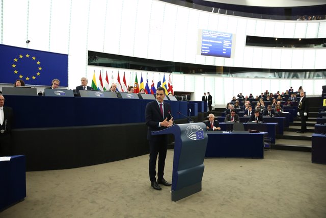 El Presidente del Gobierno, Pedro Sanchez, durante su intervención en el Pleno del Parlamento Europe en Estrasburgo.