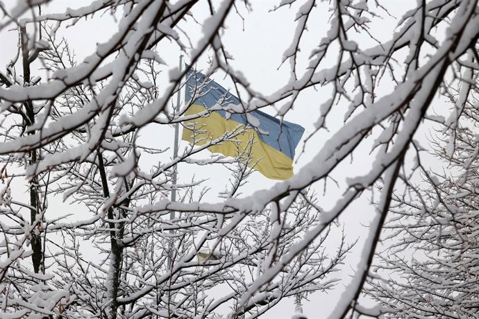 Archivo - December 12, 2023, Kharkiv, Ukraine: KHARKIV, UKRAINE - DECEMBER 12, 2023 - A Ukrainian flag is seen through the branches covered in snow in winter, Kharkiv, northeastern Ukraine.